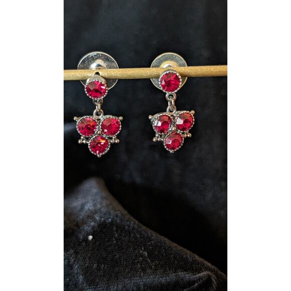 Ruby Red Crystal Dangle Drop Earrings in Gun Metal Setting - Picture 3 of 7
